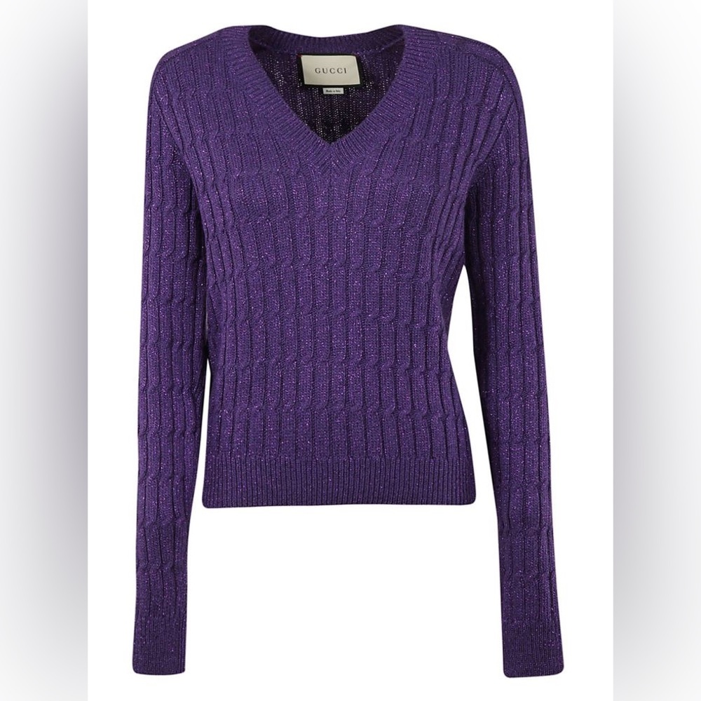 Gucci Cable Knit V Neck Metallic Sweater